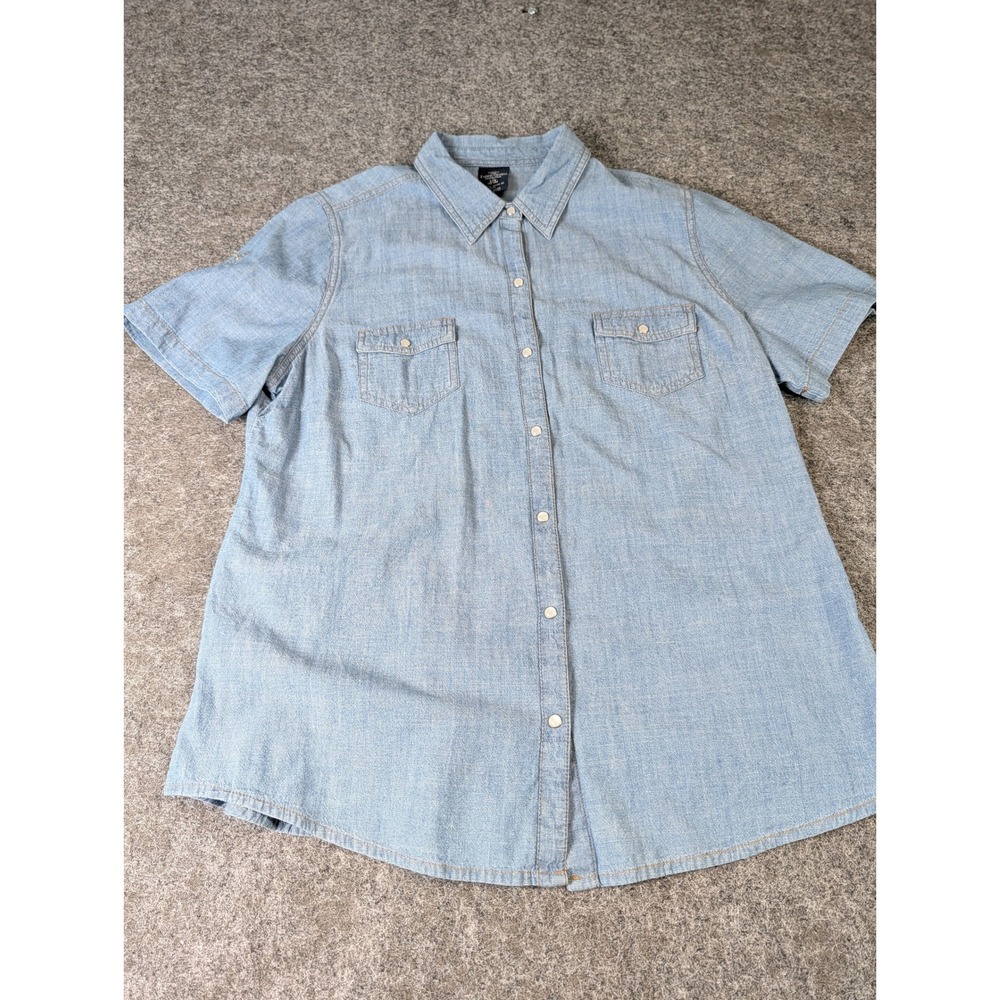 Faded Glory Womens Blue Chambray Short Sleeve Snap Button Down Shirt Large 12-14 - Picture 1 of 9